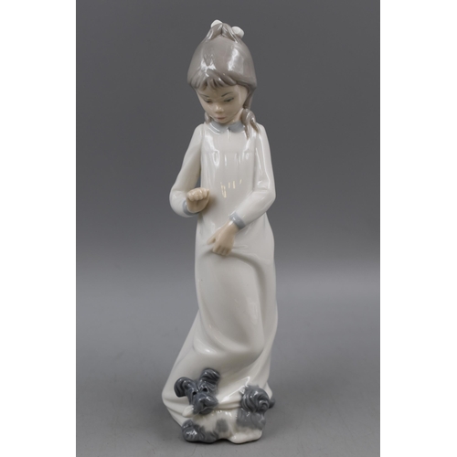 159 - Two Nao by Lladro porcelain Figures (1285 Boy with Puppy Dog & Nightgown with Dog) Tallest is 11... 