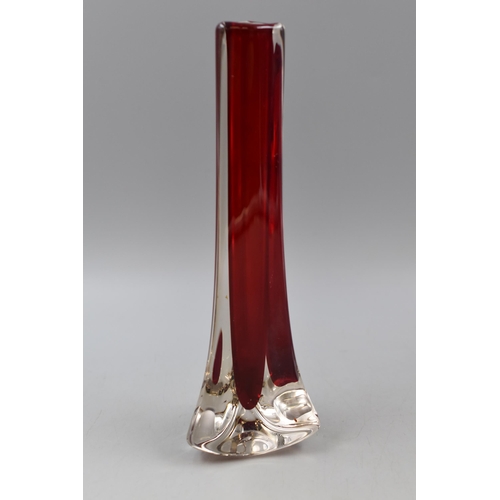 167 - Whitefriars glass tricon cased ruby red vase, 1957-1965, 24cm