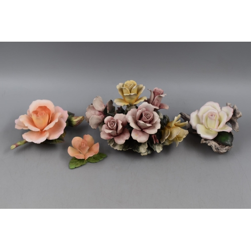 180 - A Selection of Four Ceramic Flower Ornaments. Includes Capodimonte, Royal Worcester and Portuguese (... 