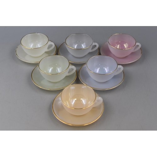 188 - Set of Vintage Pastel Opaque Arcopal Harlequin French Tea Cups and Saucers