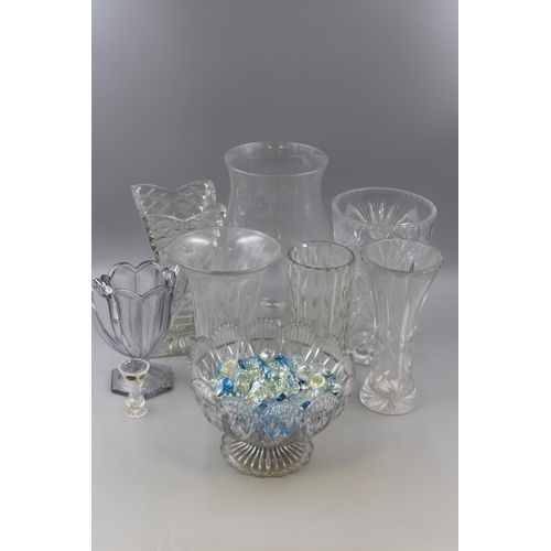 564 - Mixed Lot of Glass Vases and Bowl to Include Chippendale Trophy Vase also Decorative Glass Pebbles