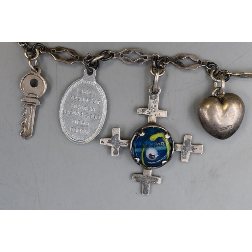 7 - A Selection of Silver Charms on Chain and A Hallmarked Birmingham Silver Padlock. Includes Loveheart... 