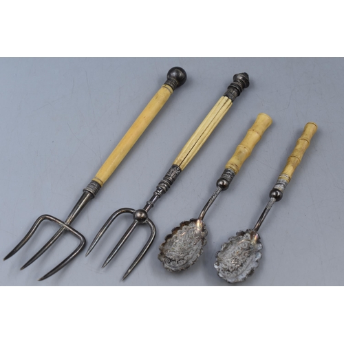 16 - Four Pieces of Bone Handled Silver Plated Cutlery, Includes Toast Forks and Jam Spoons.