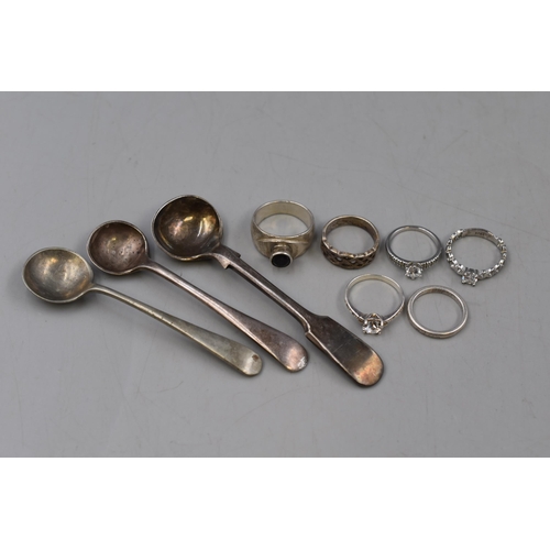 17 - Mixed Lot to include Six Silver Rings and Three Silver Plated Salt Spoons