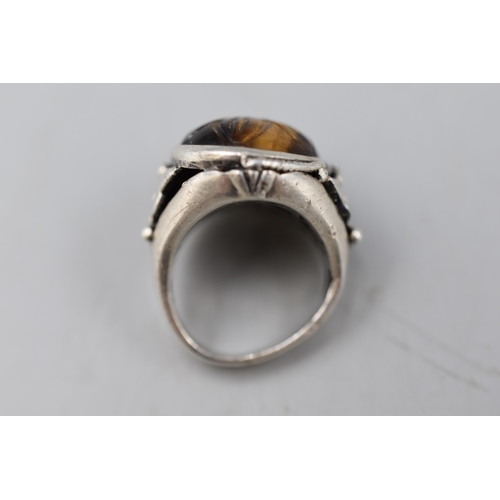 23 - Chunky Silver 925 Tigers Eye Ring. Size J-K.