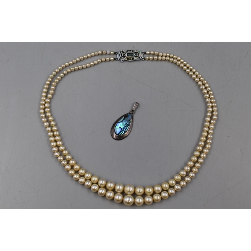 36 - Vintage Lotus Pearls Simulated 2 Strand Pearl necklace in Original Box and a Paua Shell Silver Penda... 