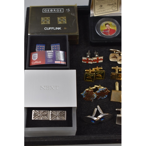 40 - A Selection of Cufflink Pairs, And An Elvis Half Dollar Coin. Includes England, Scottish Thistle, St... 