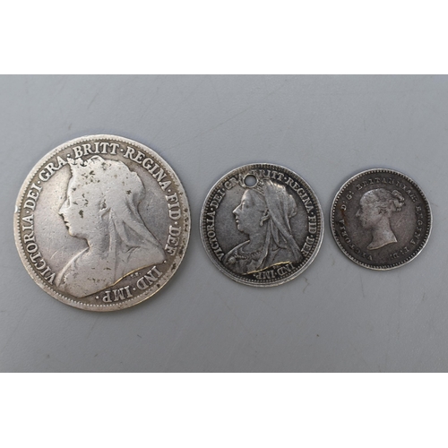 78 - Three Silver UK Victorian Coins. Includes 1838 Tuppence, 1897 Shilling and Love Token.