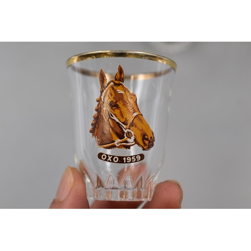 94 - Set of six 1950s Kentucky Derby Race Horse Shot Glasses and 4 Hunting themed Glasses