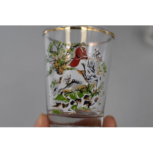 94 - Set of six 1950s Kentucky Derby Race Horse Shot Glasses and 4 Hunting themed Glasses