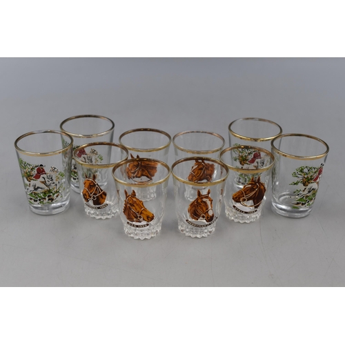 94 - Set of six 1950s Kentucky Derby Race Horse Shot Glasses and 4 Hunting themed Glasses