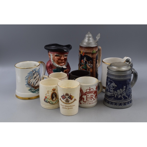 119 - Selection of Bier Steins, Tankards and Commemorative Mugs including The Gardeners Prayer, 1911 Coron... 