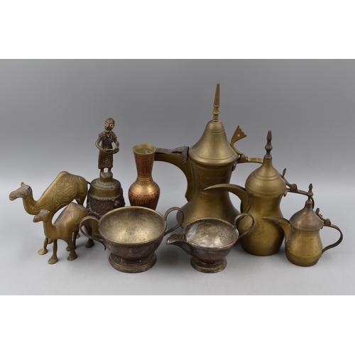 121 - A Selection of Brassware And Silver Plated Includes Camels, Bahrain Teapot and More.