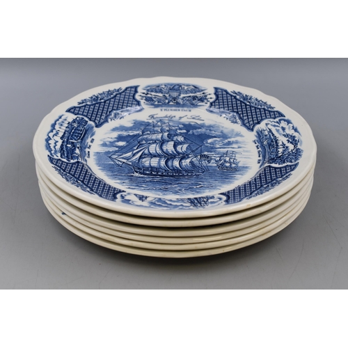 133 - A Set of Six Alfred Meakin Fair Winds 'The Friendship of Salem' Blue and White Plates. Approx 10.5