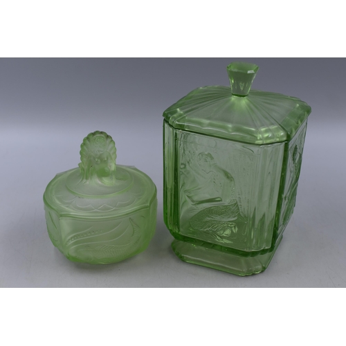 134 - Sowerby glass art deco Pandora box and a uranium glass Lidded Mermaid pot