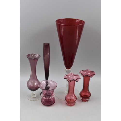 159 - Collection of Various Red Glass Vase's Largest approx 13.5