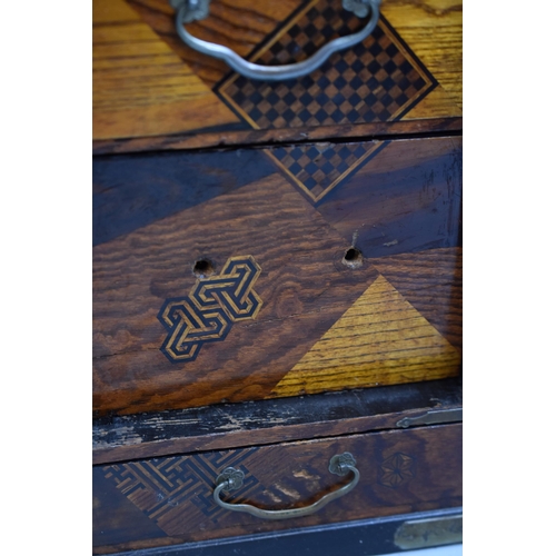 171 - A Vintage Japanese Marquetry Three Piece Jewellery Cabinet, With Panel Depicting Cranes. Approx 10