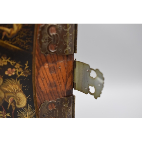 171 - A Vintage Japanese Marquetry Three Piece Jewellery Cabinet, With Panel Depicting Cranes. Approx 10