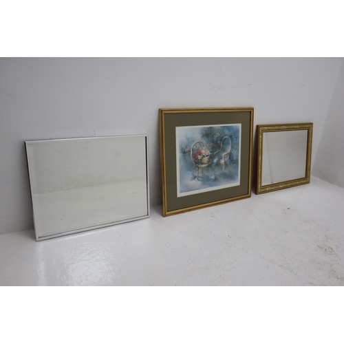 259 - Mixed Lot to include a Framed and glazed print by W Hannats and Two Framed Mirrors largest approx 21... 