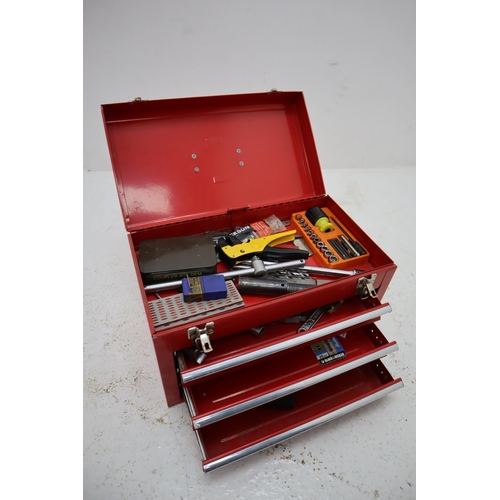 465 - Red metal 3 Drawer Tool Cabinet with mixed selection of Tools including Socket Sets, HSS Drill Bits ... 