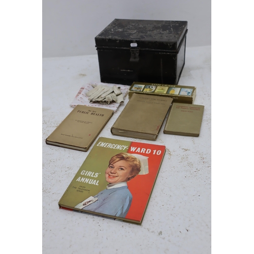 294 - A Black Metal Deeds Box Containing a Selection of Vintage Items. Inlcudes Medical Books, Headscarf a... 