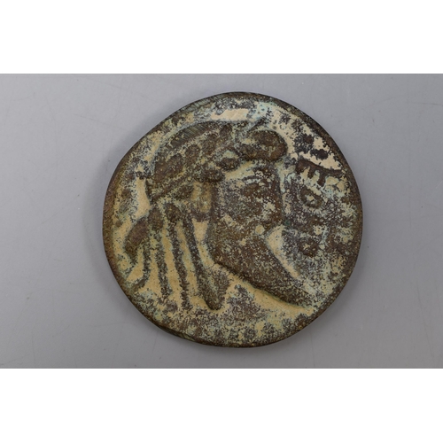 117 - Bronze Reproduction of Ancient Greek Coin depicting Zeus (6cm Dia)