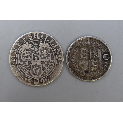 131 - An 1896 Silver Victorian Shilling and 1887 Silver Victorian Sixpence (Holed).