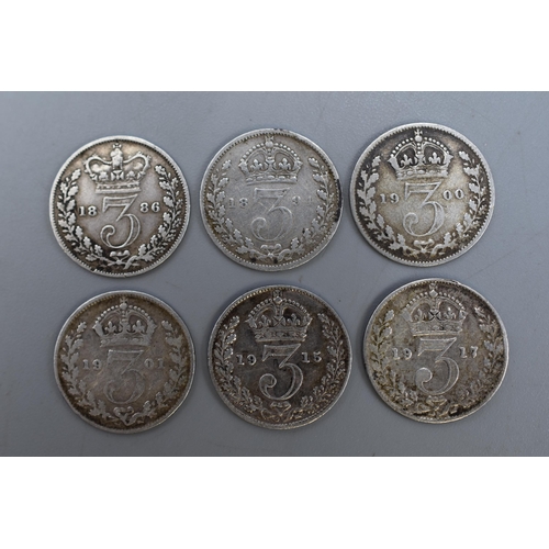 136 - A Selection of Six Victorian and George V Silver Threepence Coins (1886, 1894, 1900, 1901, 1915, 191... 