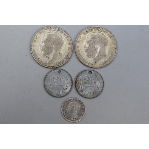 155 - Two George V Silver Florins, Victoria Silver 3D and two French 2 Franc Coins