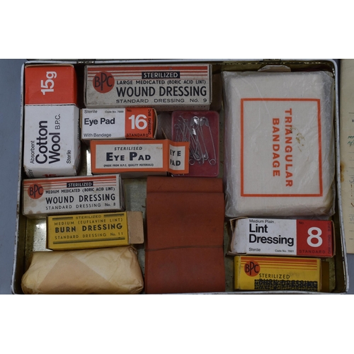 249 - A Retro Metal First Aid Case, With Contents. Includes Accident Book, And First Aid Contents. Approx ... 