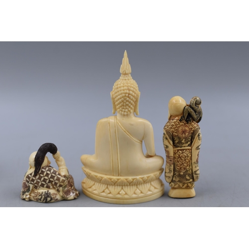 3 - Selection of 5 Oriental Figures with two Standing on Wooden plinths (a/f)