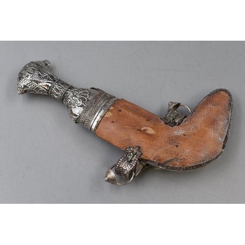 8 - An Antique Ornate Omani Khanjar Dagger, With Unmarked Silver Mounted Sheath And Handle, and Camel Sk... 