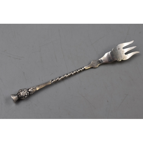 13 - A Hallmarked Sheffield Silver Scottish Thistle Pickle Fork (Circa 1905), And Two Pairs of Silver Pla... 