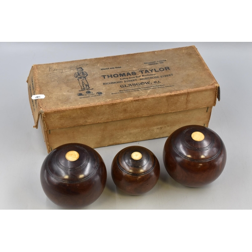 269 - A Boxed Set of Three Wooden Thomas Taylor Lawn Bowls.