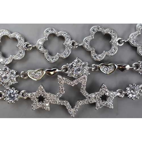 25 - Three Silver 925 Diamante Bracelets, includes Floral, Snowflake and Star Designs