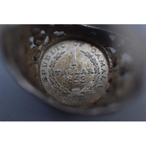 28 - A Silver Ring With A Mounted Silver 1853 1 Tallar Republic of Camala Coin.