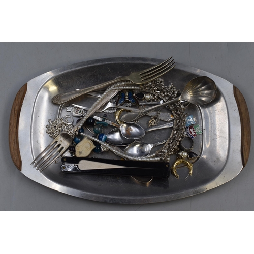 54 - A Retro Chrome Wood Handled Tray With A Selection of Collectable Items. Includes Oriental Fan, Jewel... 