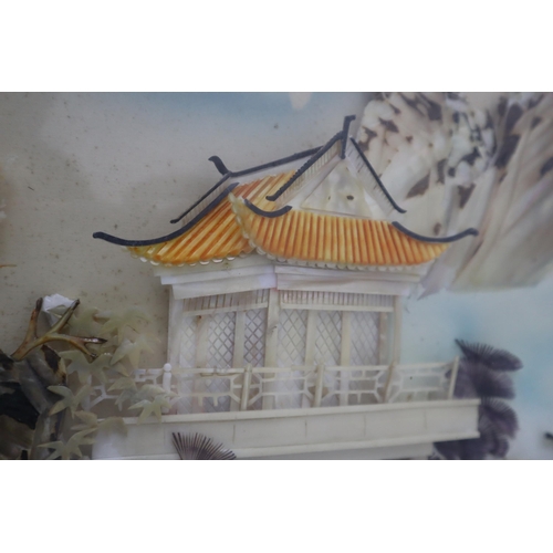 301 - Oriental Mother of Pearl Picture, Depicting a 3D Home on a mountain Scene in a shadow box with glass... 