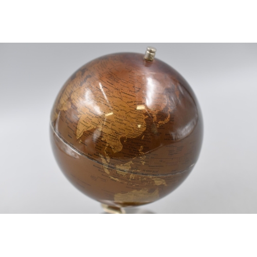 95 - Minature Desk Top Gold Coloured Rotating World Globe on Stainless Steel Base, approx 7