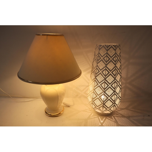 165 - Two Lamps. Includes White Lattice Floor Lamp and White and Gold Ceramic Lamp. Largest Approx 22.5