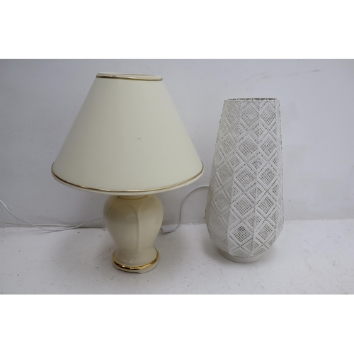 165 - Two Lamps. Includes White Lattice Floor Lamp and White and Gold Ceramic Lamp. Largest Approx 22.5