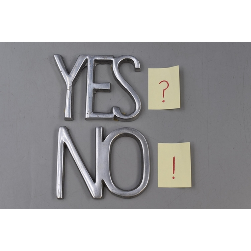 172 - Three Metal Word Wall Decorations. 'Yes', 'No' and 'Sex'.