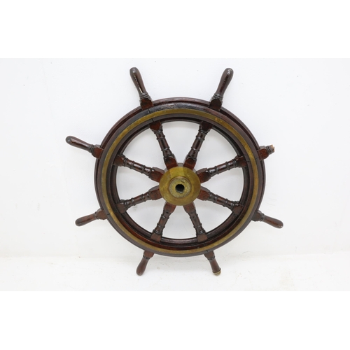 357 - A Large Antique Oak Ships Wheel, With Spindle Rods and Brass Centre. Approx 37