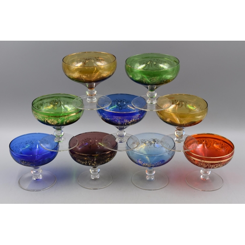 206 - A Selection of Nine Coloured Glass Bowls and Six Clear Glass Champagne Flutes.