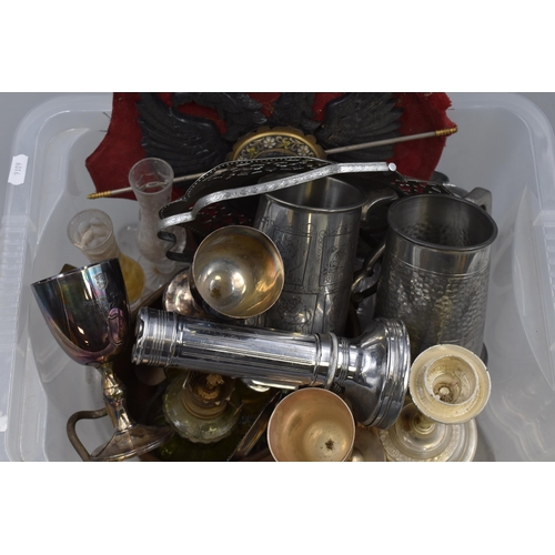 516 - Mixed Lot of Various Plated and Glassware to Include Two Pewter Tankards, Copper/Brass Pot, Goblet a... 