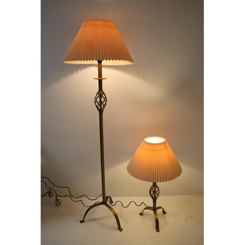 597 - A Pair of Metal Brass Effect Lamps, Includes One Floor Lamp and One Table Lamp. Both Light Up.