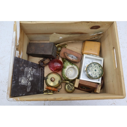 515 - A Wooden Box With a Mixed Selection of Collectable Items, Includes Travel Clock, Paperweight, Copper... 