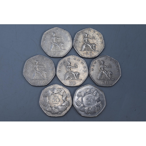 151 - A Selection of Seven Collectable Old 50p Coins.