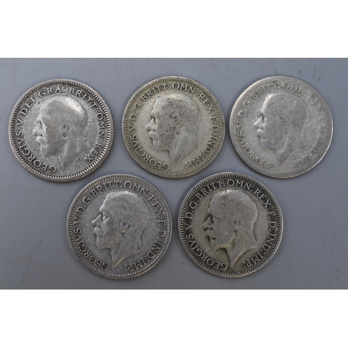 162 - A Selection of Five UK Silver George V Sixpence Coins (1926, 1928, 1929, 1931 and 1936).