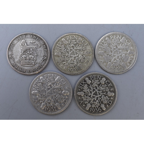 162 - A Selection of Five UK Silver George V Sixpence Coins (1926, 1928, 1929, 1931 and 1936).